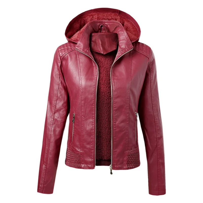 Women\'s PU Leather Coat, Hooded Collar, Velvet, Short, Keep Warm, Fashion, Autumn, Winter, S-XL, New Arrival