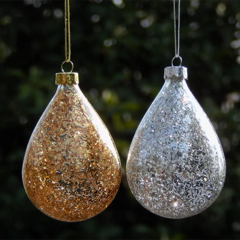 12pcs/pack 6.5*12cm Small Size Inner Chips Glass Pendant Christmas Tree Water Drop Shape Hanger Decoration