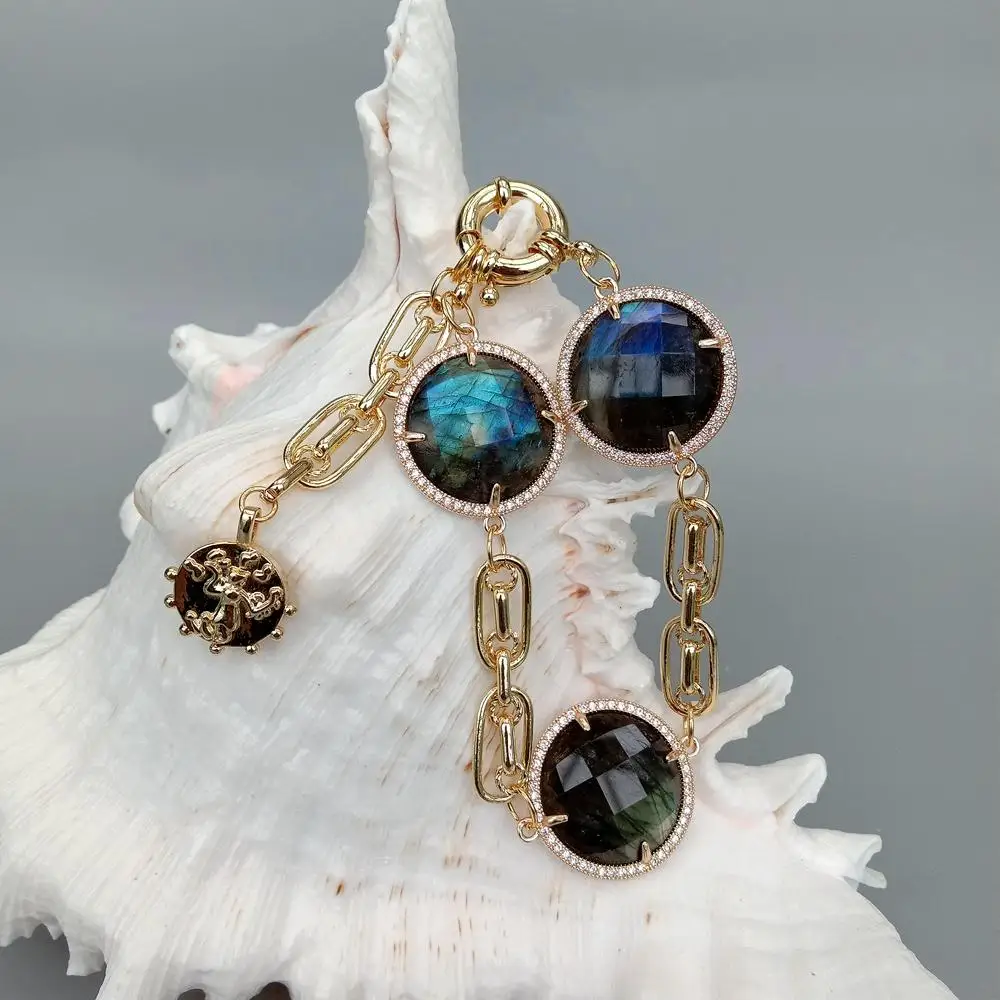 YYGEM 26 ミリメートル天然ラブラドライトコイン形状キュービックジルコニアパヴェベゼルセット宝石チェーンブレスレット