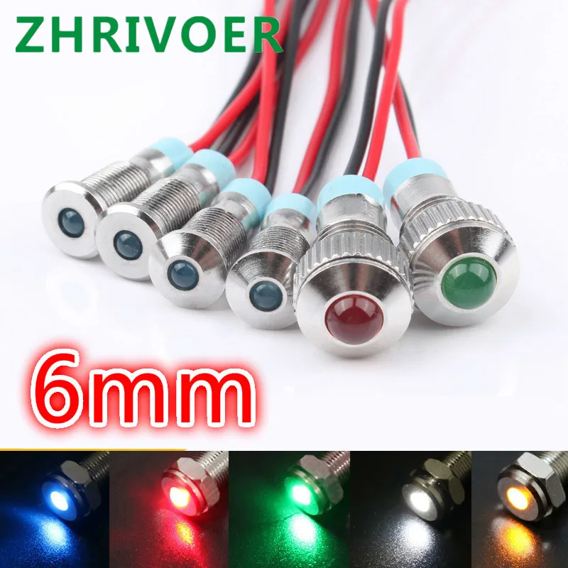 

1pcs 6mm 6V 12V 24V 220v red yellow blue green white Convex head LED Metal Indicator light 6mm waterproof Signal lamp with wire