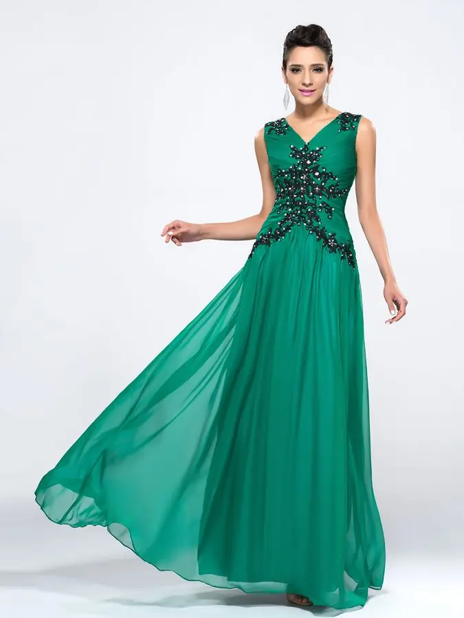 Vestidos De Noiva Green Avond Formele Kleding 2021 V-hals Applicaties Kralen A-lijn Floor-Length Partij Prom Gown Robe De soiree