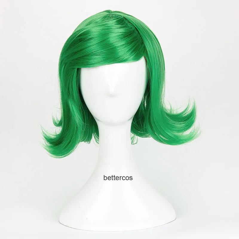 Inside Out Disgust Cosplay Wigsสีเขียวสั้นCurlyความร้อนทนผมสังเคราะห์วิกผม + หมวกวิกผม