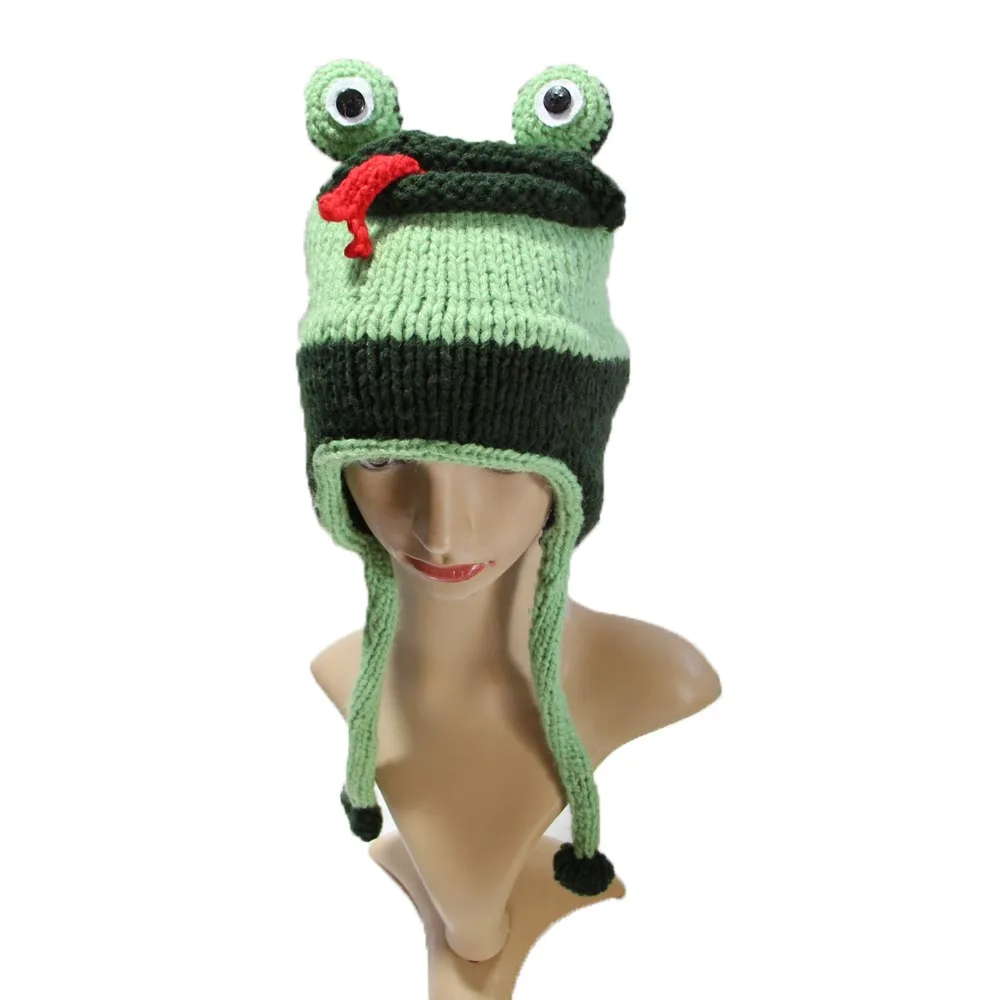 BomHCS Frog Earmuffs Knitted Hats Funny Winter Crochet Green Beanie Animal Handmade Earflap Caps for Kids Age 3-10