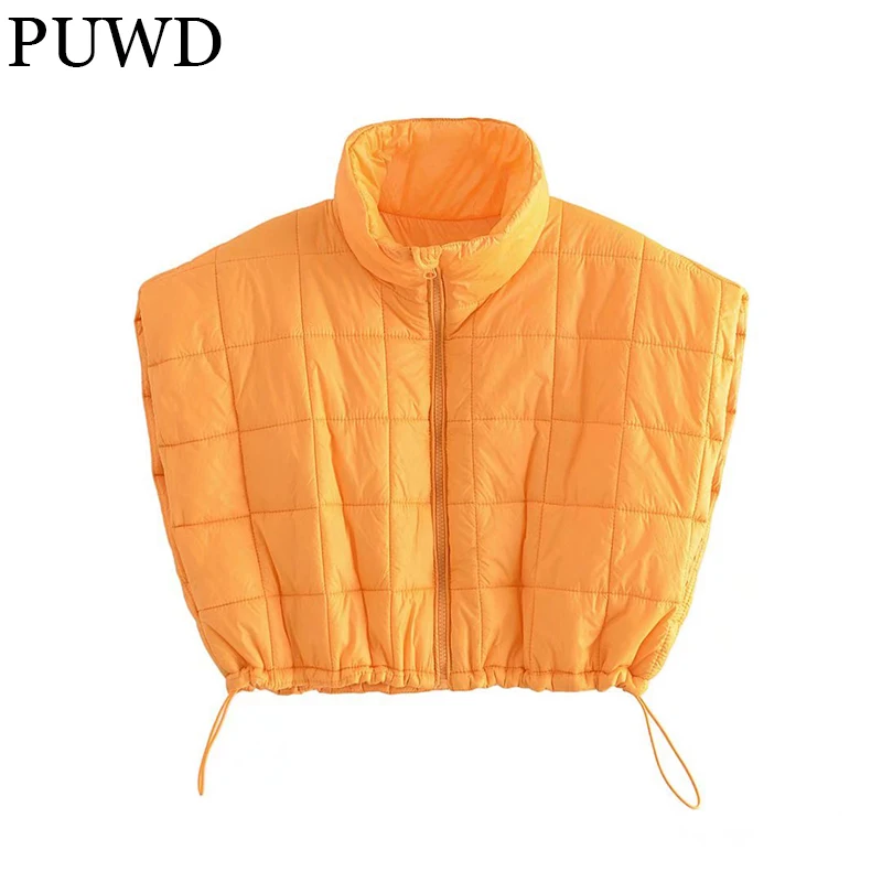 PUWD Loose Women Stand Collar Drawstring Quilted Cotton Jacket Vest Jackets 2021 Autumn Winter Zipper Parka Female Short Outwear