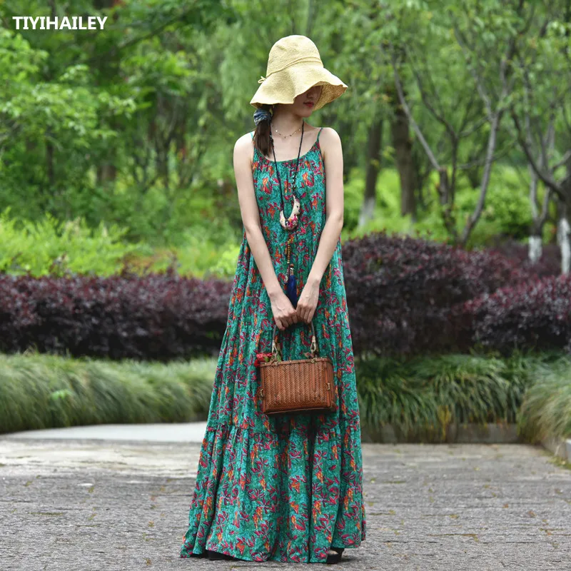 

TIYIHAILEY Free Shipping A-line Cotton Long Maxi Dress Women Sleeveless Loose Spaghetti Strap Flower Print Summer Green Dresses