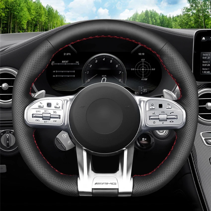 LQTENLEO Black Genuine Leather Steering Wheel Cover for Mercedes-Benz A35 A45 E63 G63 C43 C63 CLA45 CLS53 E53 E63 GLA35 S63 AMG