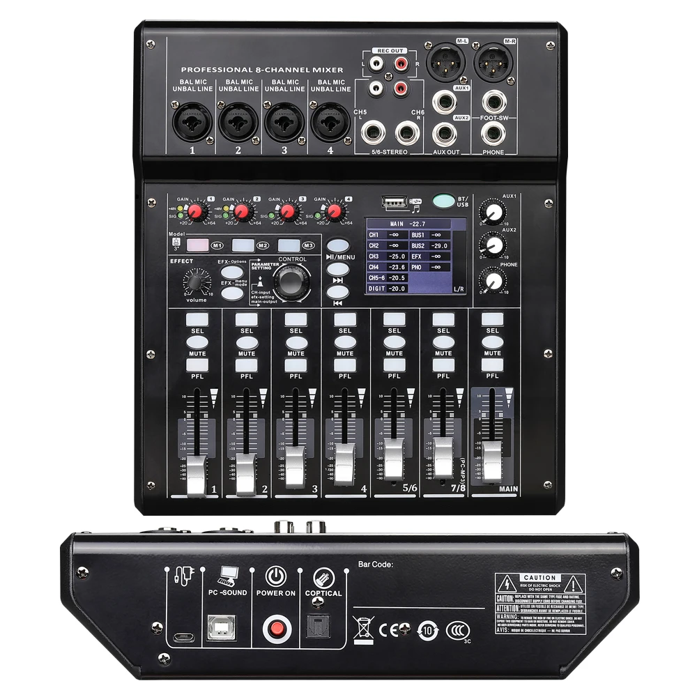 Беспроводной 8-канальный цифровой микшер, портативный микшерный пульт, Bluetooth, USB-интерфейс, вход для MP3-компьютера, фантомное питание 48 В