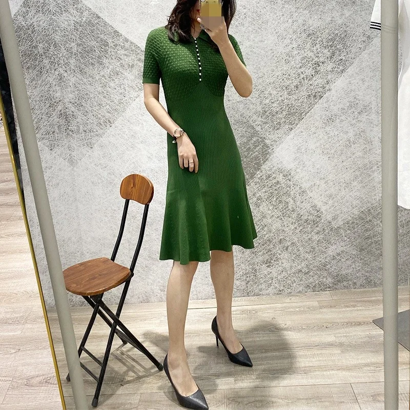 Summer 2022 New Womens Fashion Turn-Down Collar Pearl Slim Spliced Vintage Dress Korean Style Solid Elegant A-Line Dress