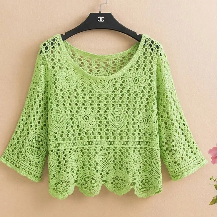 Pullover summer short hedging knitted hollow flower small outer super fairy all-match lace top