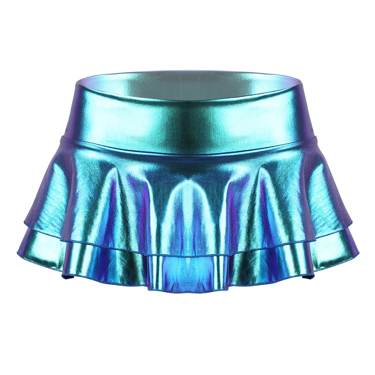 Women Shiny Metallic Sexy Mini Skirt Leotard Nightclub Pole Dance Festival Rave Costume Chic Girls  Double Layered Ruffled Skirt