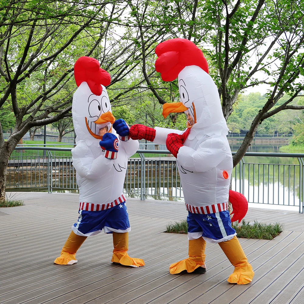 Women Men Inflatable Rooster Costume Adult with Fighting Gloves Funny Tussle Strong Combat Chicken Cosplay Costumes Blow Up Suit