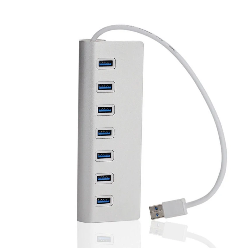 USB Hub, Aluminum 7 Port USB 3.0 Data Hub with 5V Power Adapter for Laptop, PC, USB Flash Drives, HDD Hard Drive, Silver