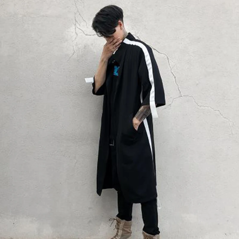 Night club DJ singer punk hiphop long shirt ribbon patchwork street style jacket cape men harajuku casual long cardigan cloak