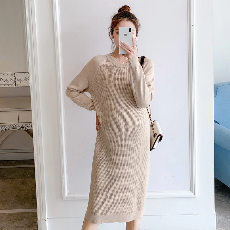 Autumn Winter Korean Fashion Knitted Maternity Long Dress Thermal Chic Ins Pullovers Sweaters for Pregnant Women Pregnancy