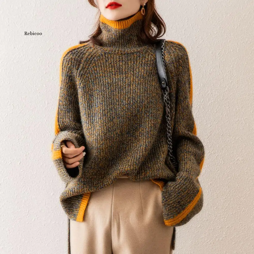 Pullover Turtleneck Sweater Women Long Sleeve Jumper Korean Winter Oversized Harajuku Color Block Knitwear Female Knitted Tops