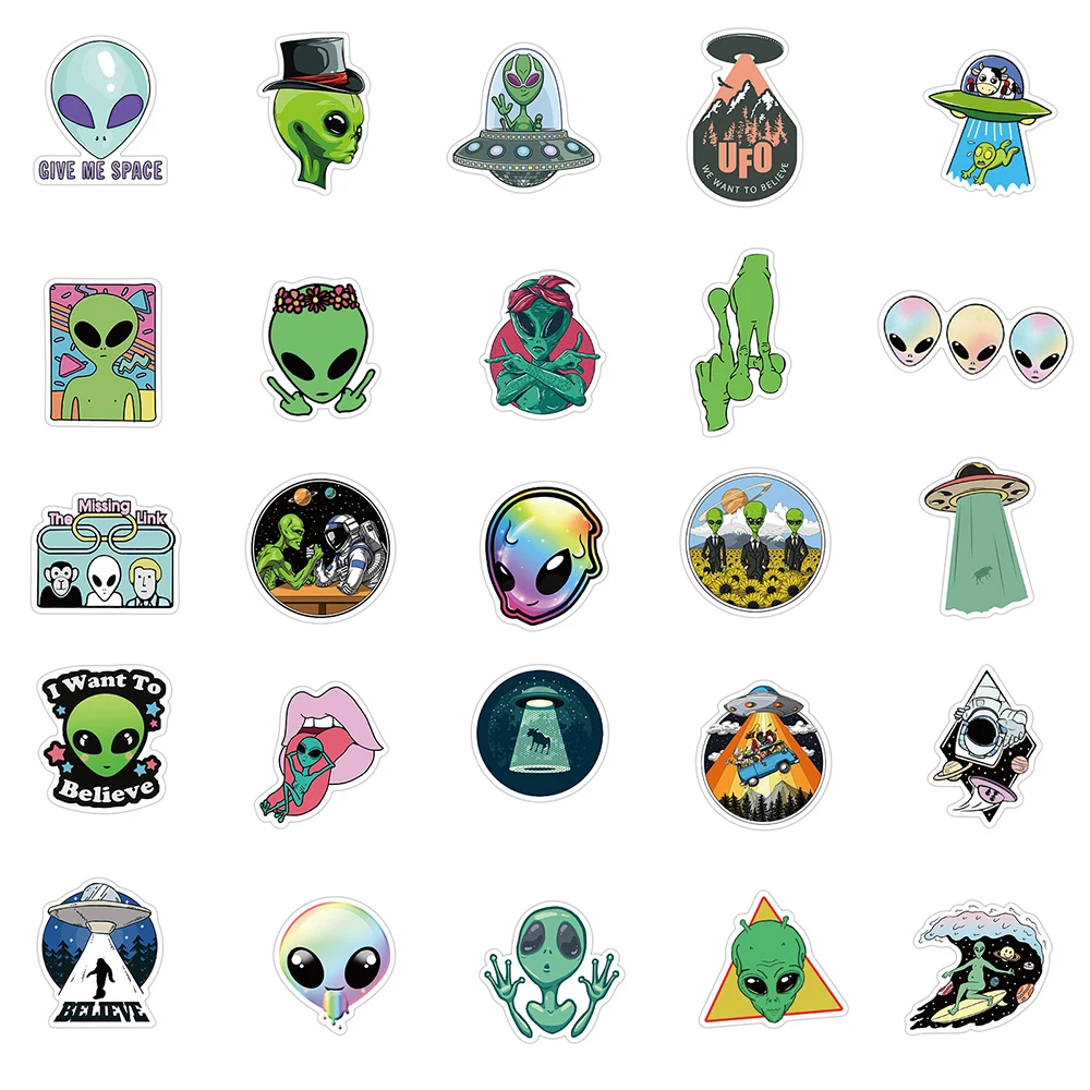 10/30/50PCS Cartoon UFO Alien Stickers Laptop DIY Motorcycle Luggage Phone Guitar Skateboard Waterproof Joke Sticker Kid Toy