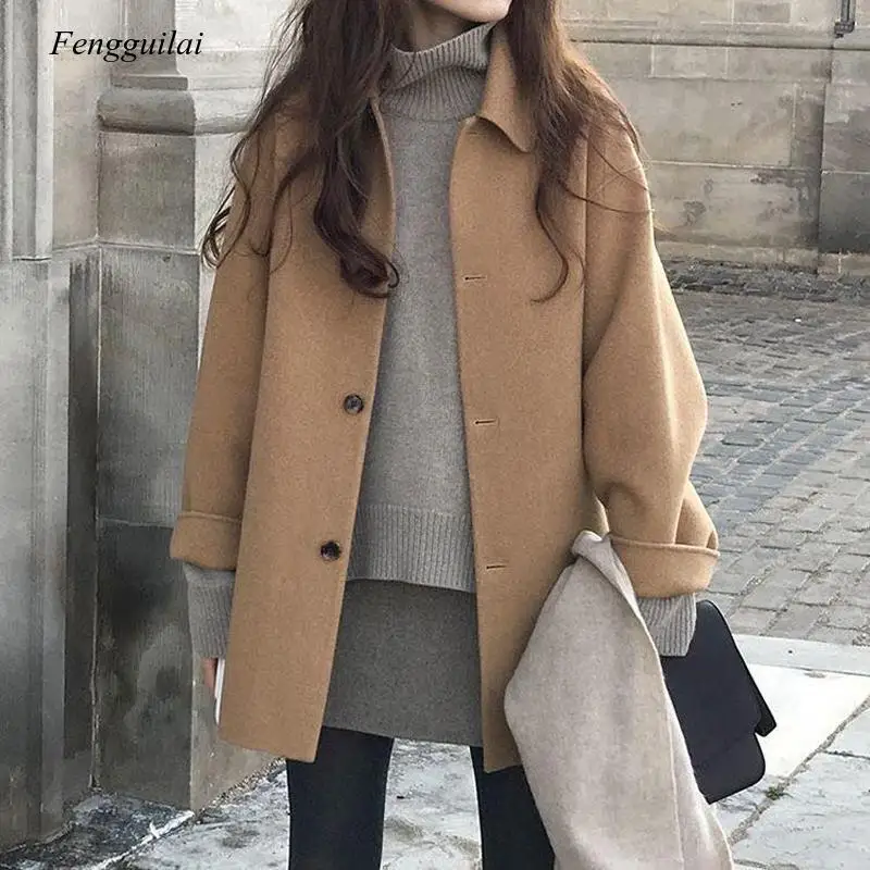 

Autumn Women Wool Coat Long Sleeve Single Breasted Fashion Turn Down Female Blends Causal Loose Winter Outwear 2020