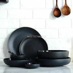 1pc Black Gold Rim Ceramic Dinner Dish Plate Rice Salad Noodles Bowl Soup Plates Matte Dinnerware Sets Tableware Kitchen Tool