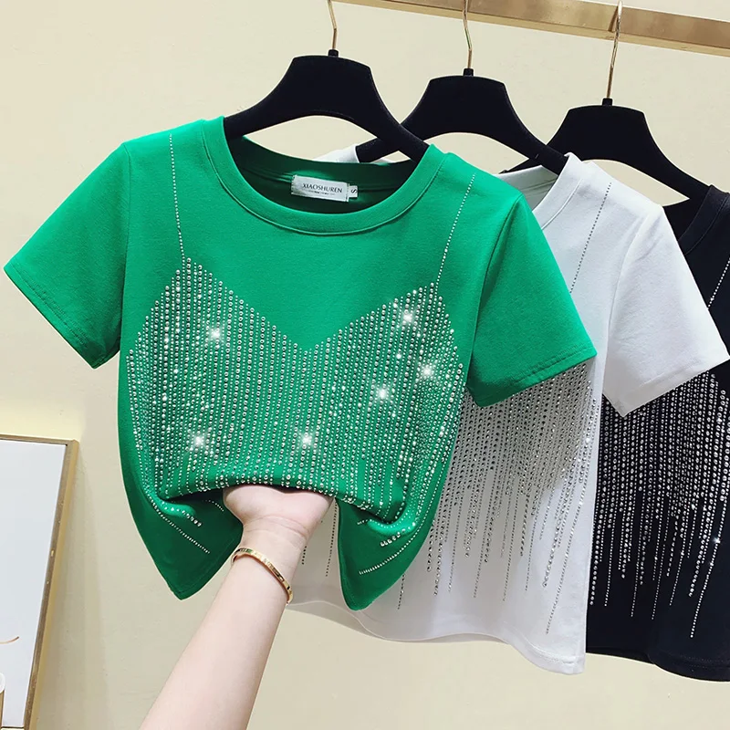 Crop Tops Cotton Tees Rivet T Shirt Women Clothes White Short Sleeve T-shirt Beading Summer Short Tops Shirt Green Black Y2K