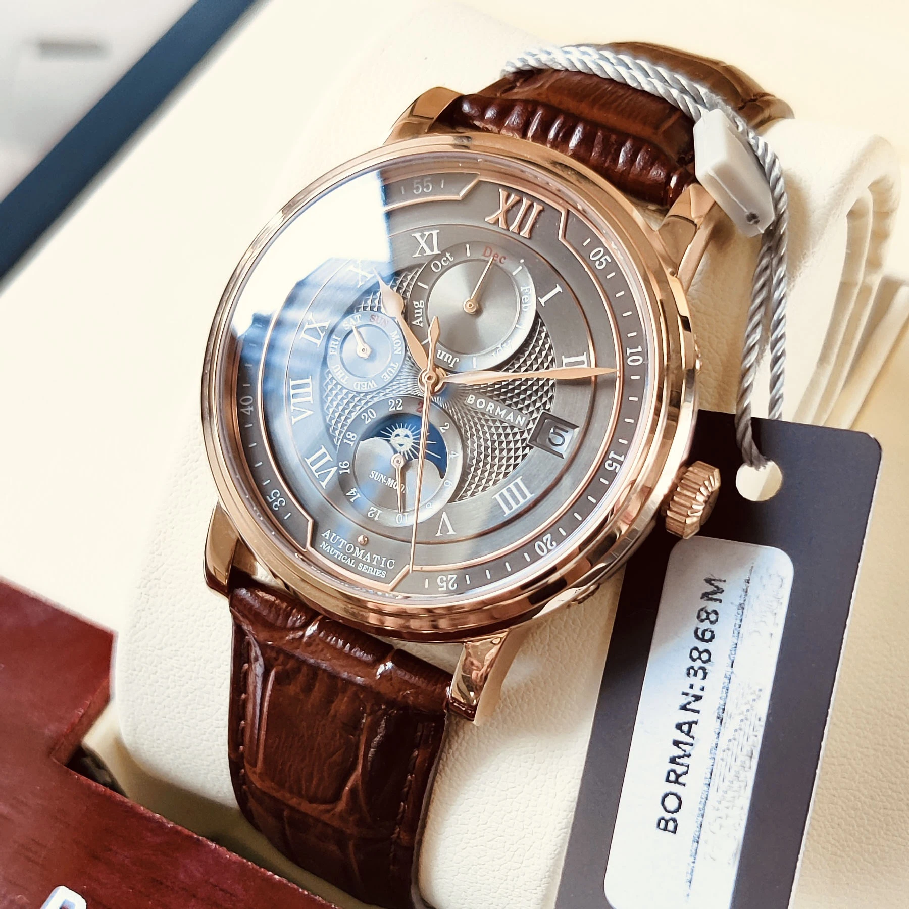BORMAN Rose Golden Elegant Moon Phase Design Calendar Display Brown Leather Mens Watch Top Brand Luxury Automatic Watch Clock