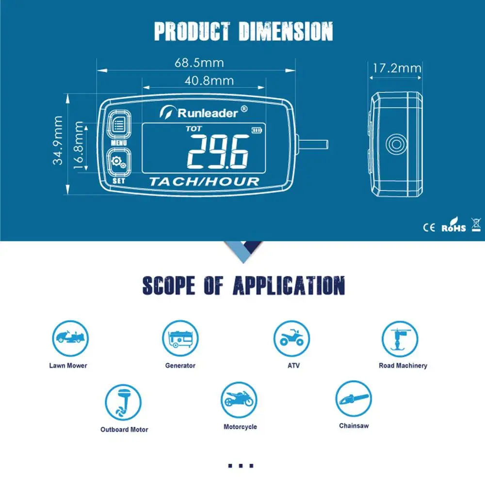 Inductive Tachometer Track Oil Change Meter Backlit Digital Tach Hour Meter for Gasoline Engine Motorcycle ATV Lawn Mower