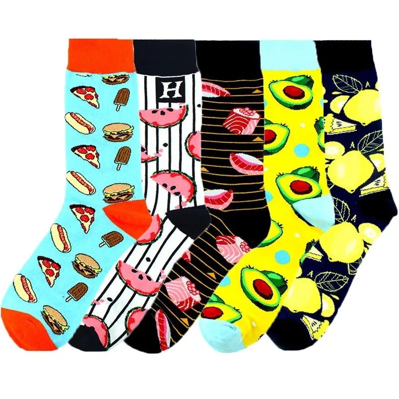 New  Autumn Winter Socks Men Funny Fruit Sea Food Pattern Happy Socks Avocado Lemon Pizza Harajuku Calcetines Men