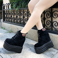 2025 Spring High Platform Boots 14CM High Heel Women Thick Sole Shoes Leather Wedge Sneakers Waterproof Breathable Casual Shoes