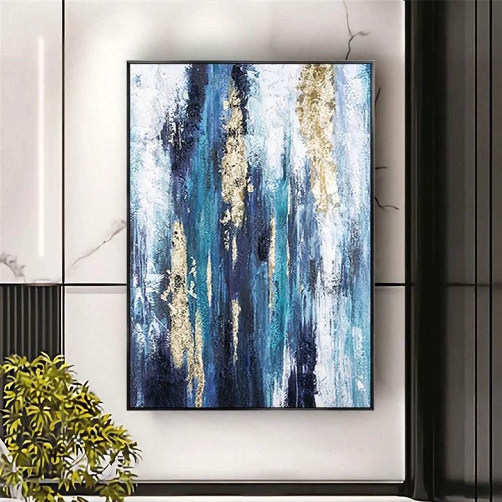 

Vertical Golden And Blue Lines Canvas Wall Art 100%hand-painted Oil Paintings Abstract Texture Canvas Painting Modern Home Decor