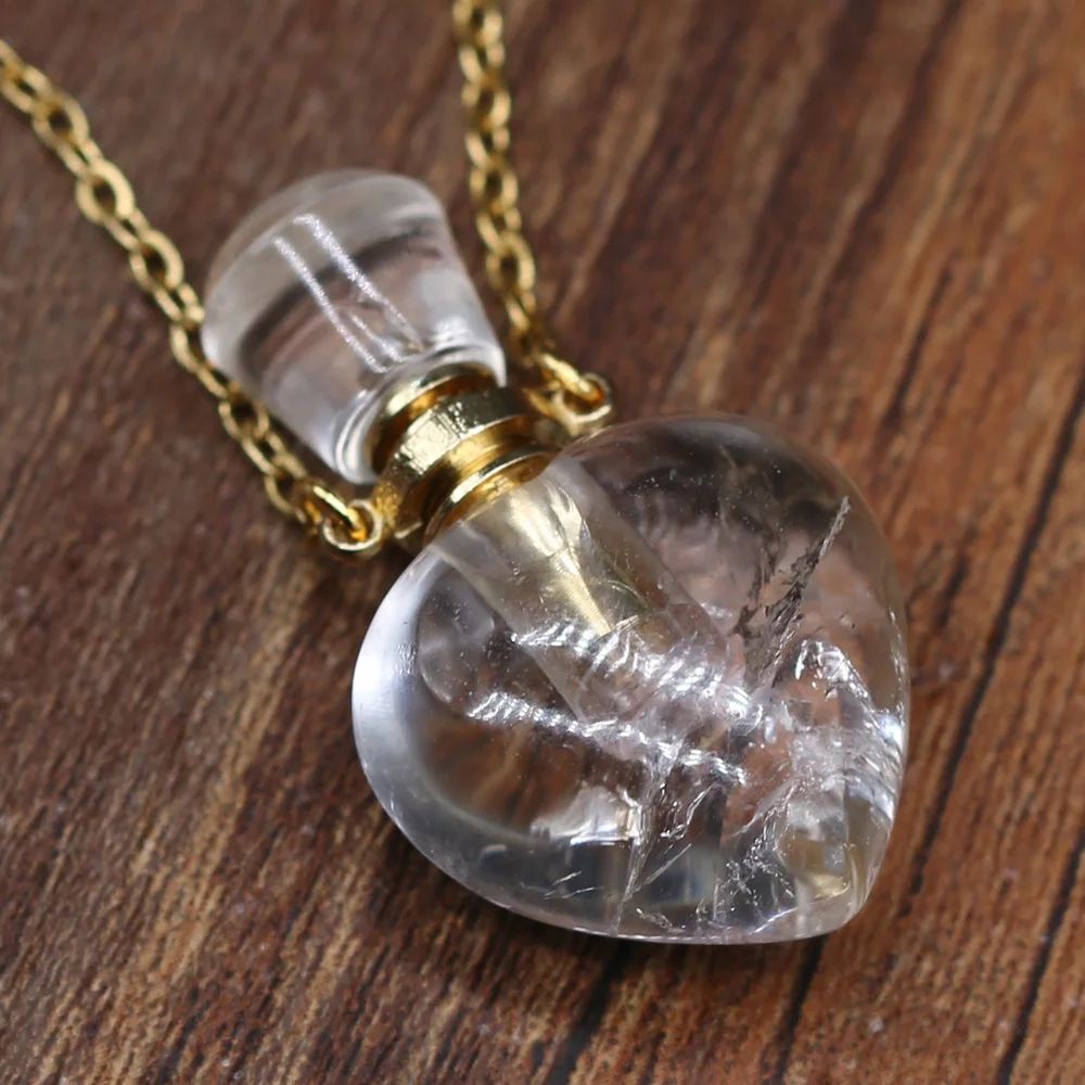 Clear Quartz Heart Bottle Essential Oil Pendant Necklaces for Women Natural Stone Lapis Lazuli Perfume Bottle Necklace Jewelry