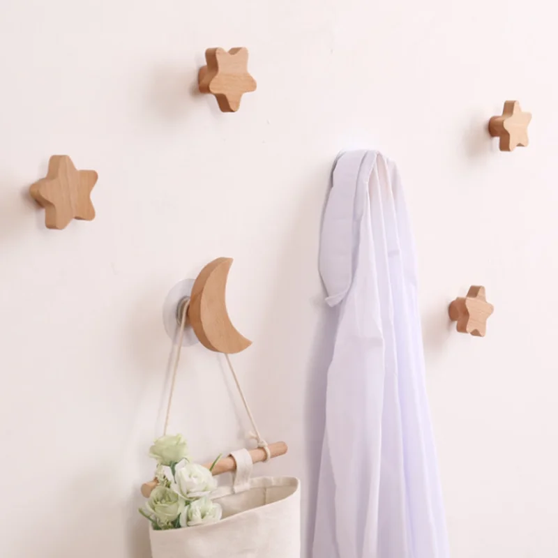 Nordic Solid Wood Beech Wall Hook Free Perforated Porch Sticky Creative Hook Coat Hat Hanger Star Moon Home Hotel Decoration