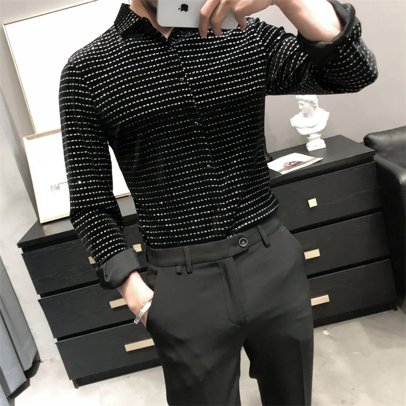 

Men's Velvet Shirt Korean Luxury Clothing High Quality Long Sleeve Elegant Shirts For Men Fashion Shiny Blouse Homme Comfortable