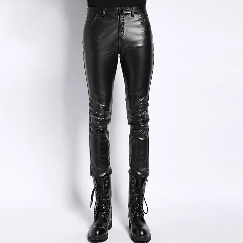 Winter Mens Warm Down Lining Pencil Pants Skinny Long Trousers Man Punk Moto Biker Cowhide Genuine Leather Pants Plus Size 6XL