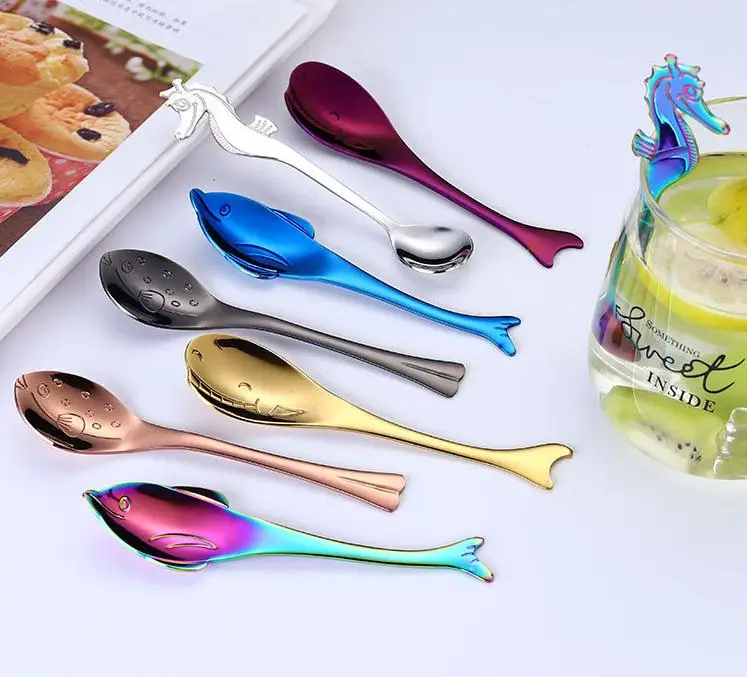 304 Stainless Steel Mirage Tableware fish, seahorse spoon, dolphin, whale, puffer Mixing Spoon Coffee cup Hanging spoon SN2007