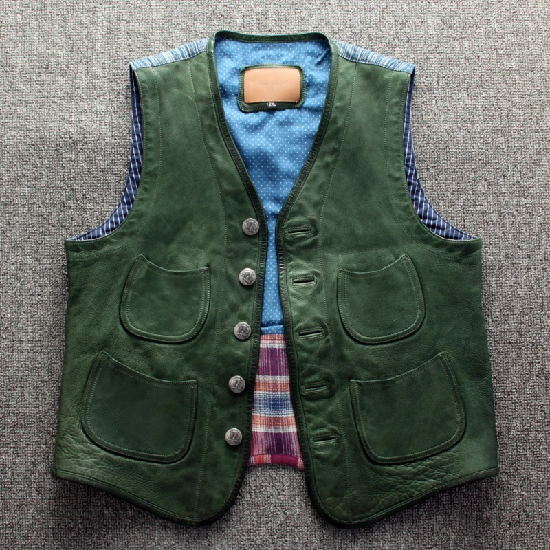 

Men's Genuine Vest Green Vintage Western Cowboy Waistcoat Sheepskin Sleeveless Leather Jackets Slim Stripe Cloth Back