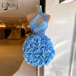 Blue 3D Ruffles Short Prom Dress 2022 Newest Lace Appliques Chic Women Cocktail Dresses Event Gown vestidos de fiesta Customized