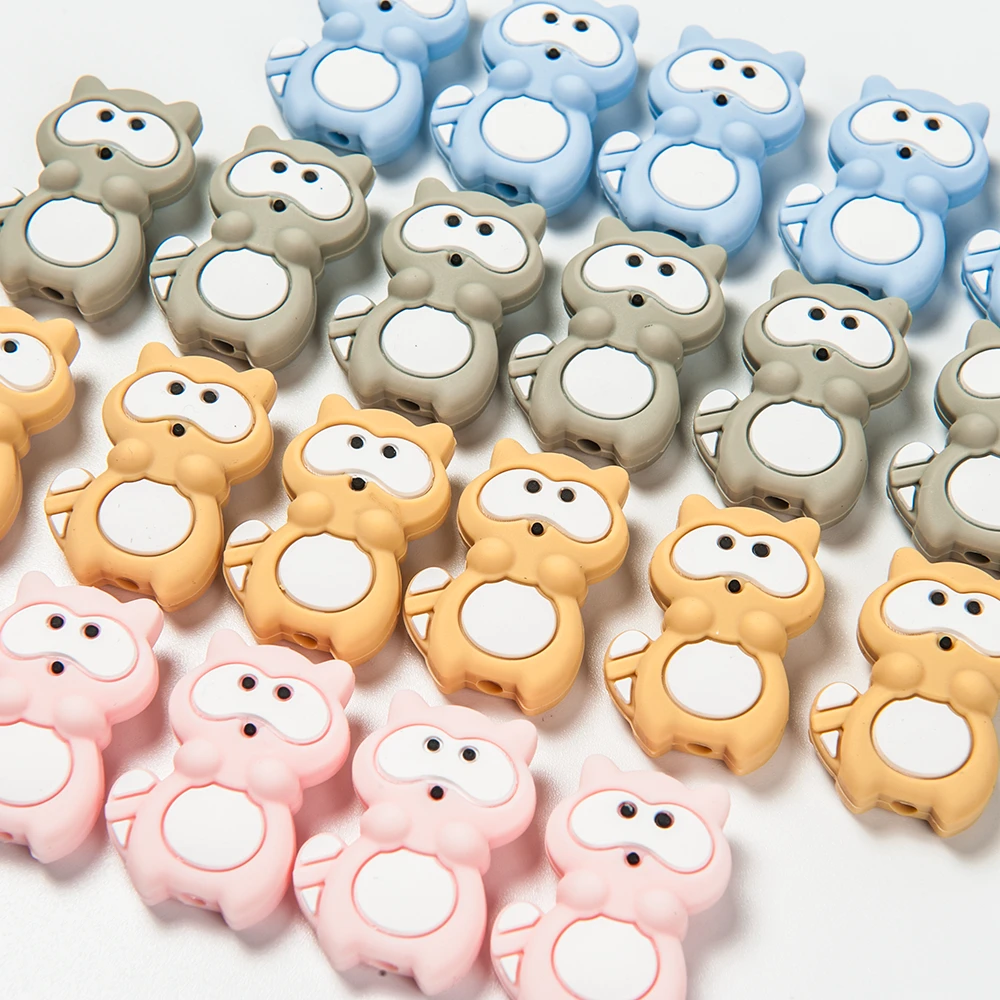 10pcs/lot Cartoon Raccoon  BPA Free Food Grade Silicone Beads Chew Toys Accessories Baby Teethers DIY Necklace Pendan