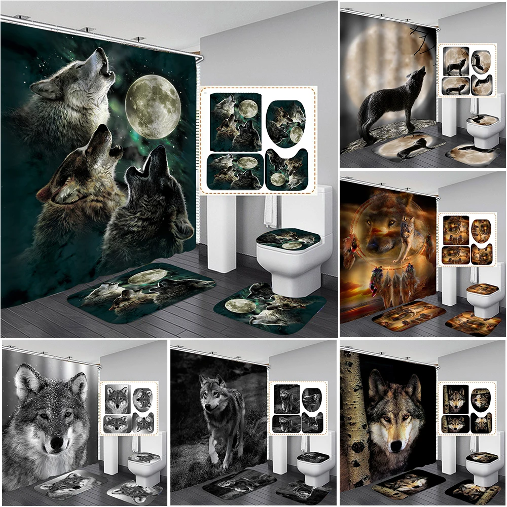 Wolf and Moon Digital Printed Shower Curtain Waterproof Bathroom Curtain Set with Hooks Home Decor Cortina De Baño De Lobo