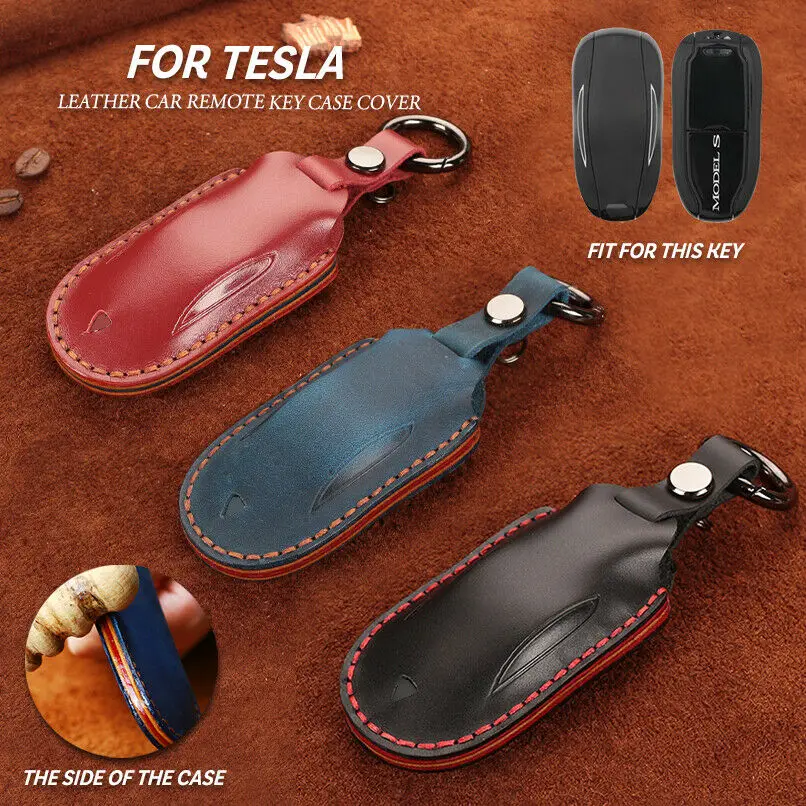 

1Pcs Premium Leather Car Key Fob Cover Case Key Holder With Keychain For Tesla Model S / 3 Pocket Keychain