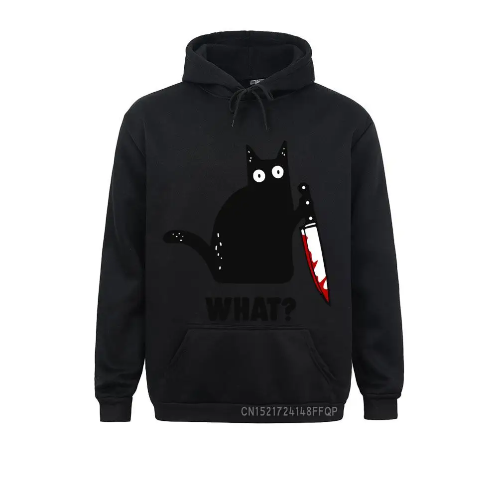 Streetwear Men's Funny Halloween Cat What Hoodie Pocket Harajuku Murderous Cat With Knife Sweatshirt Casual Sweats Print Apparel