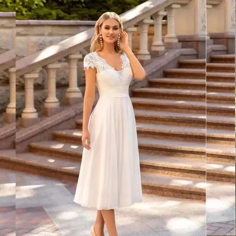 Curto simples vestido de casamento com decote em v mangas curtas rendas tornozelo comprimento vestido de noiva robe para petite feminino noivas lindo