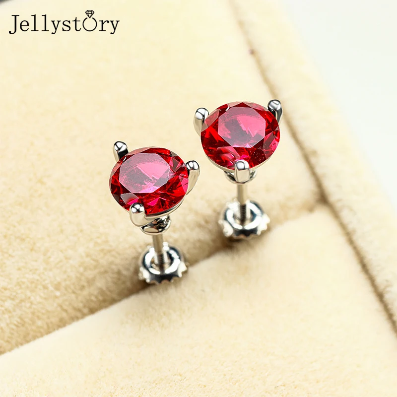 Jellystory Round Zircon Stud Earrings For Women Real 925 Sterling Silver Colored Gemstone Geometric Wedding Anniversary Jewelry