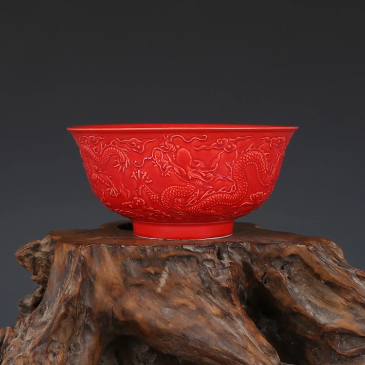 Yongzheng coral red sculpture dragon bowl antique Jingdezhen antique antique porcelain collection