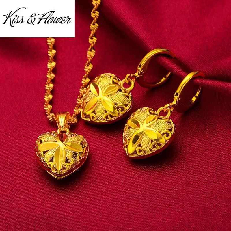 

KISS&FLOWER JS05 Fine Jewelry Wholesale Fashion Woman Girl Birthday Wedding Gift Hollow Heart 24KT Gold Exquisite Jewelry Set