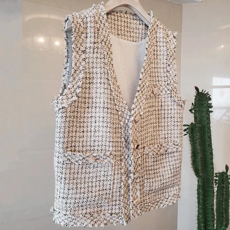 Ladies Office Tweed Vest Elegant Tassel Sleeveless Plaid Waistcoat Summer Women Slim V Neck Single Breasted Weave Jacket Vests