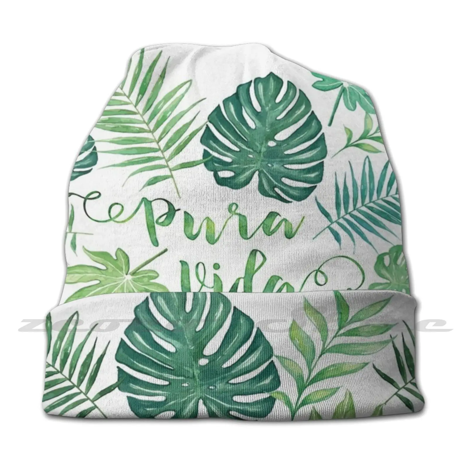 Tropical Pura Vida Palm Leaves And Monstera Watercolor Diy Pullover Cap Knit Hat Plus Size Keep Warm Elastic Soft Watercolor