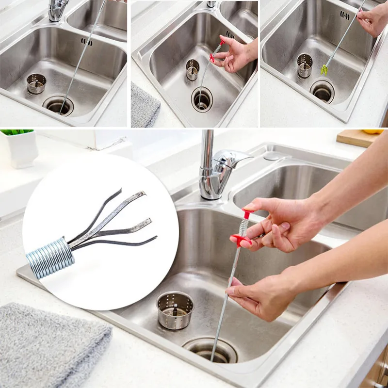 61.5cm Flexible Sink Claw Pick Up Kitchen Cleaning Tools Pipeline Dredge Sink Hair Brush Cleaner Bend Sink Tool With Spring Grip