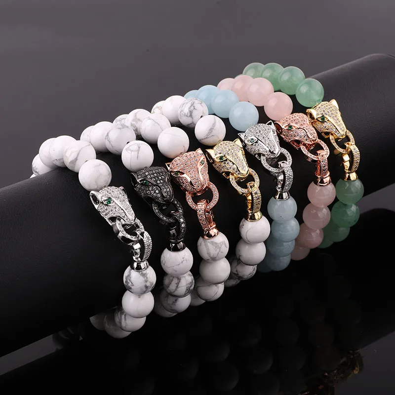 New Design Leopard Bracelet CZ Pave Charm Natural Stone Rose Quartz Howlite Beads Elastic Bracelet Women Men Jewelry Gift