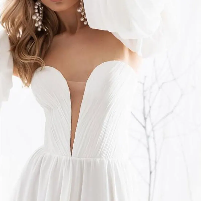 Vestido de novia Sexy de gasa con cuello en V para mujer, vestido de novia blanco con diseño de horquilla, mangas, vestido de novia de playa, hecho a medida, 2024