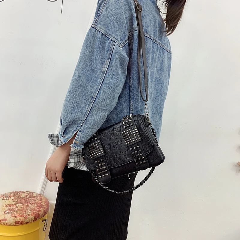 Vintage Black Rivet PU Leather Crossbody Bag for Women