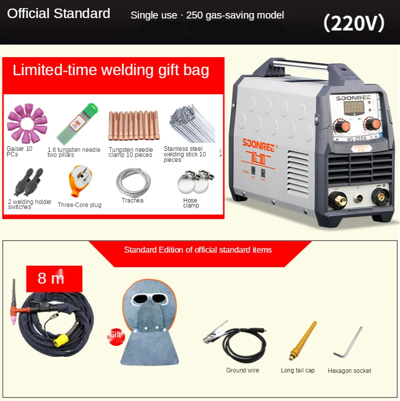 Portable Tig Welder 220V Power WS-250A Pulse Tig Arc 2 In 1 Professional Tig Argon Gas Welding Tig Welding Machine